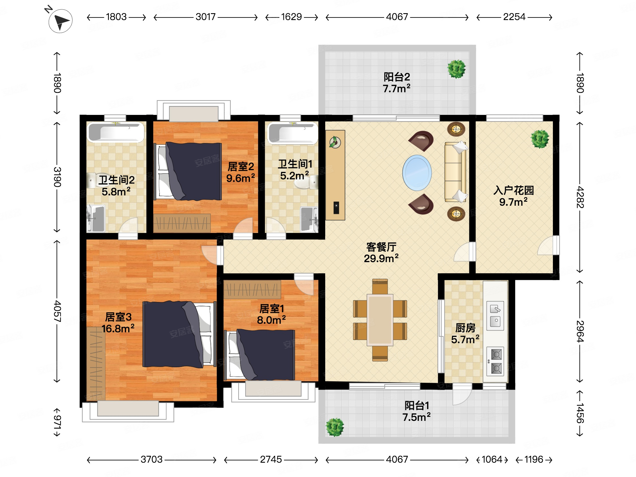 紫园3室2厅2卫113㎡南北149万