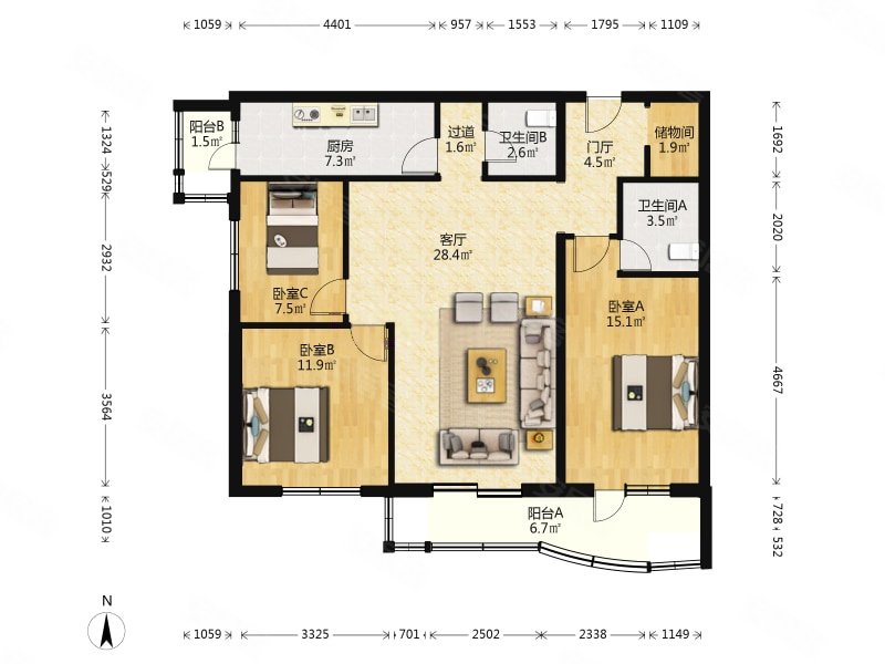 望园东里3室1厅2卫128.07㎡南北799万