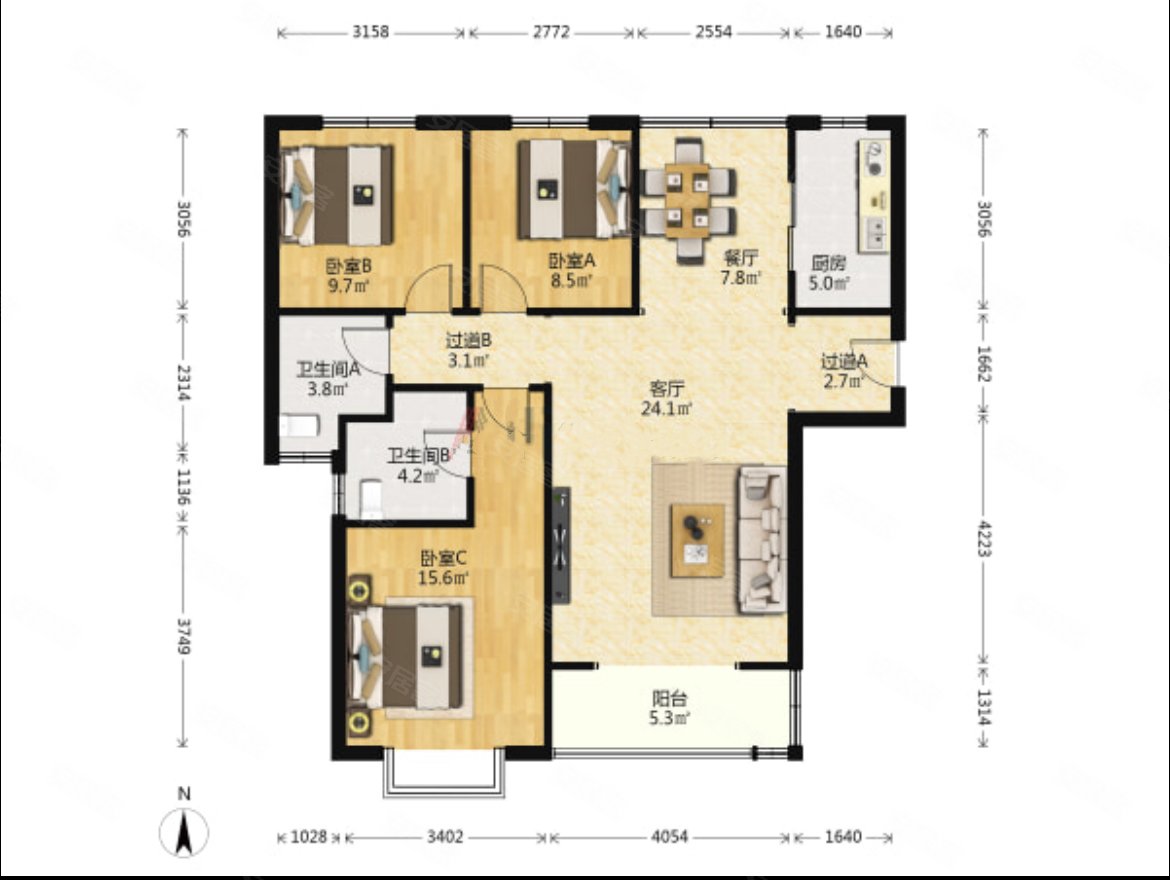 汇通太古城天后花园3室2厅2卫126.12㎡南北159万