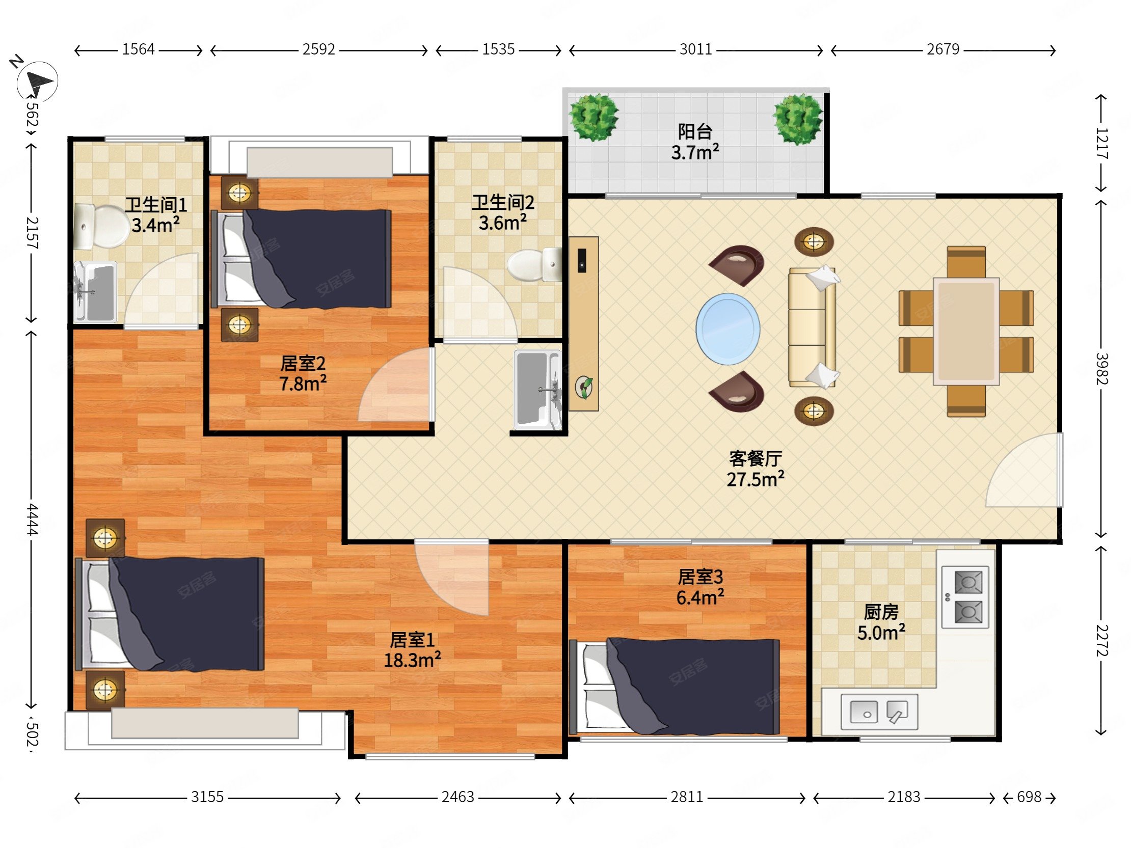 宏发天汇城(一期)3室2厅2卫88.26㎡南北415万