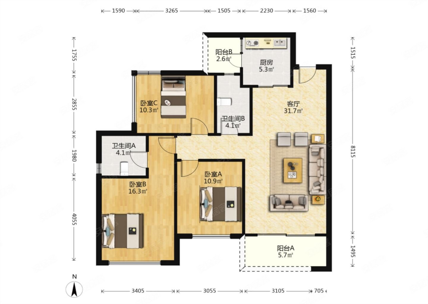 保利学府城(1期)3室2厅2卫107.35㎡南北212万
