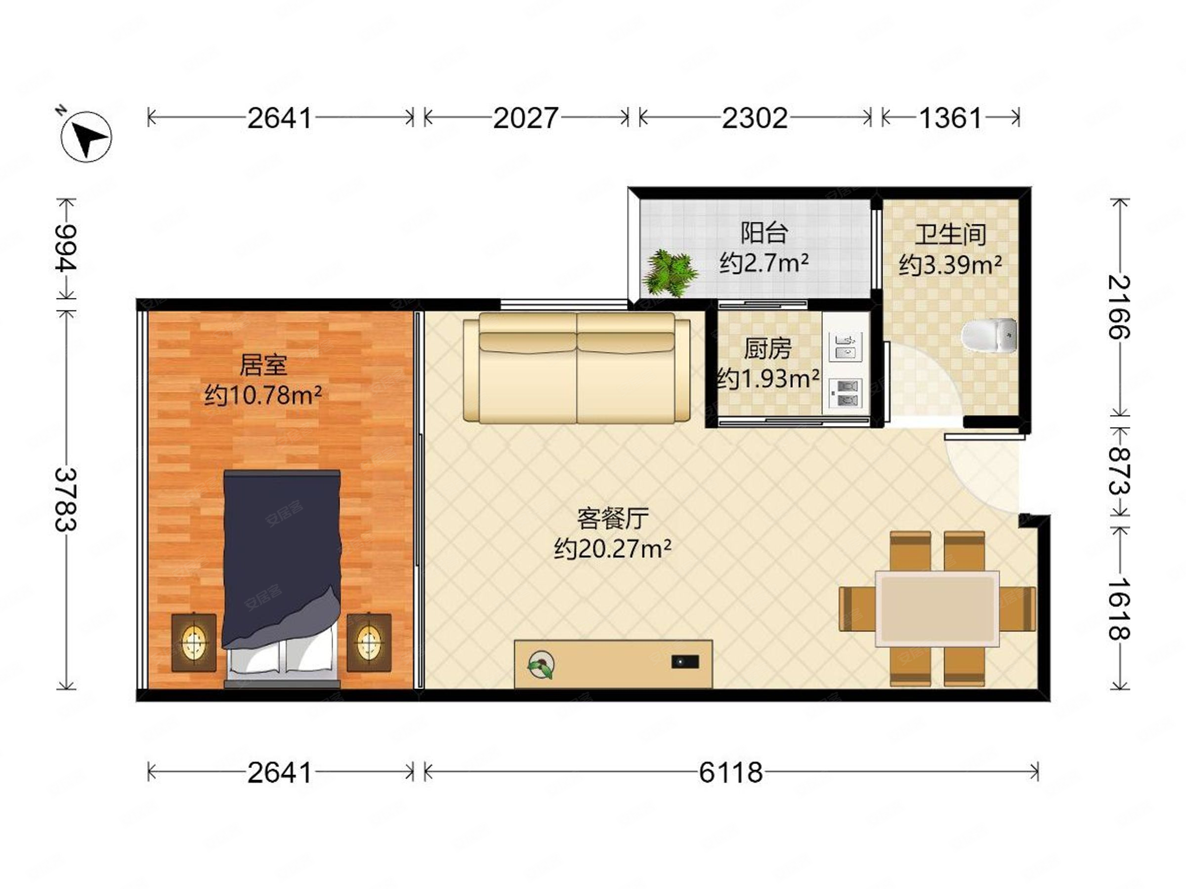 城市主场1室2厅1卫45.26㎡西北225万