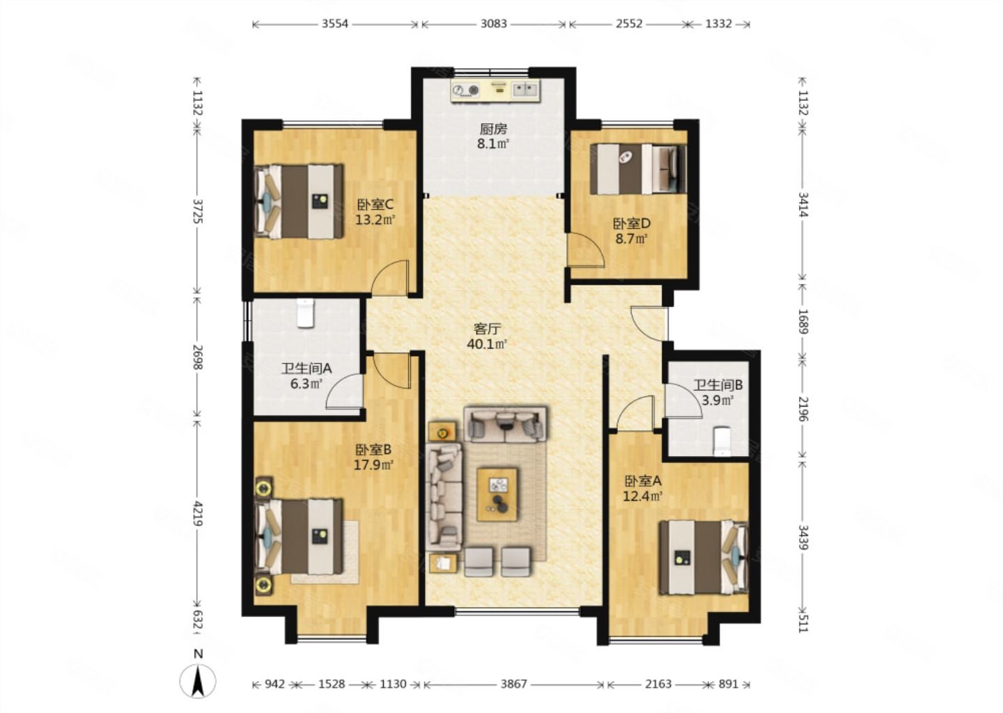 保利香槟四居 好楼层 四叶草好户型,保利香槟国际二手房,230万,4室2
