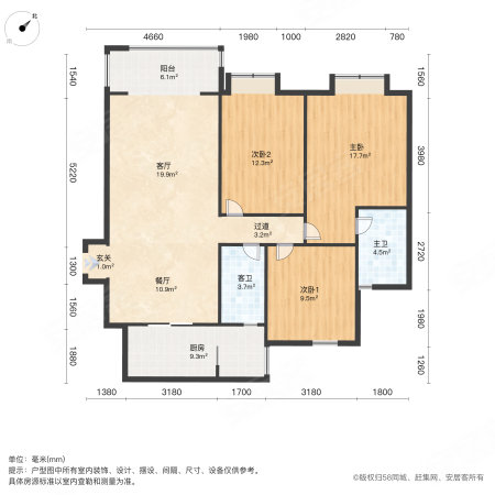 富力桃园(二期)3室2厅2卫113.75㎡南120万