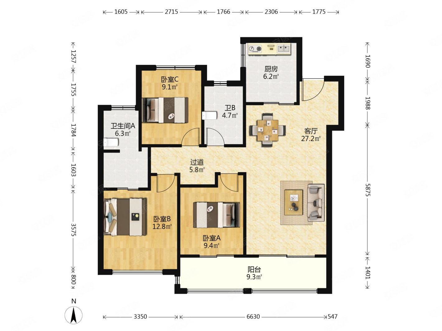 中粮祥云国际3室2厅2卫118㎡南北218万