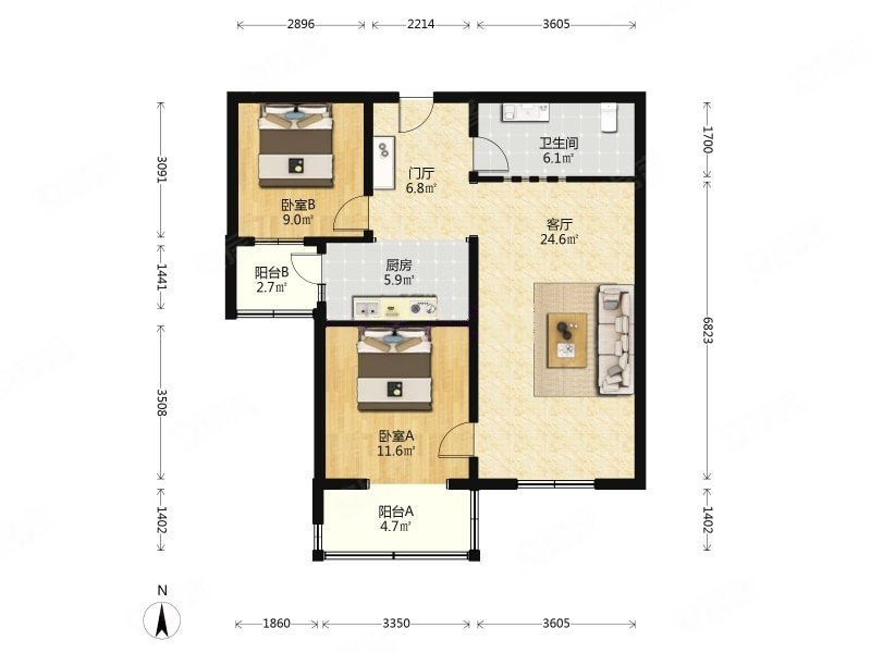 清景园 2室 2厅 100平米