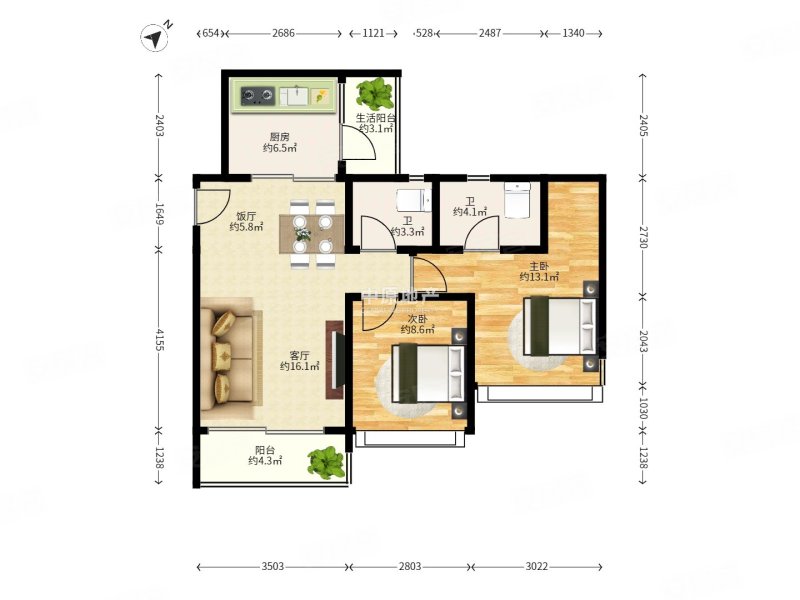 来电即看 东风广场五期 南向2室2卫 安静望花园