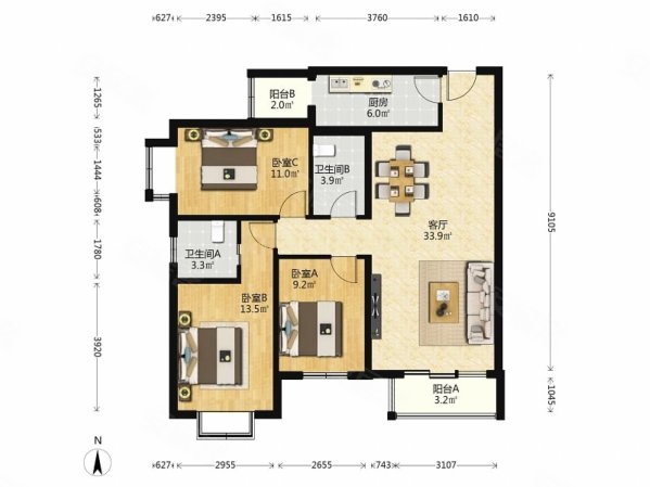 金蝉南里3室2厅2卫117㎡南北560万