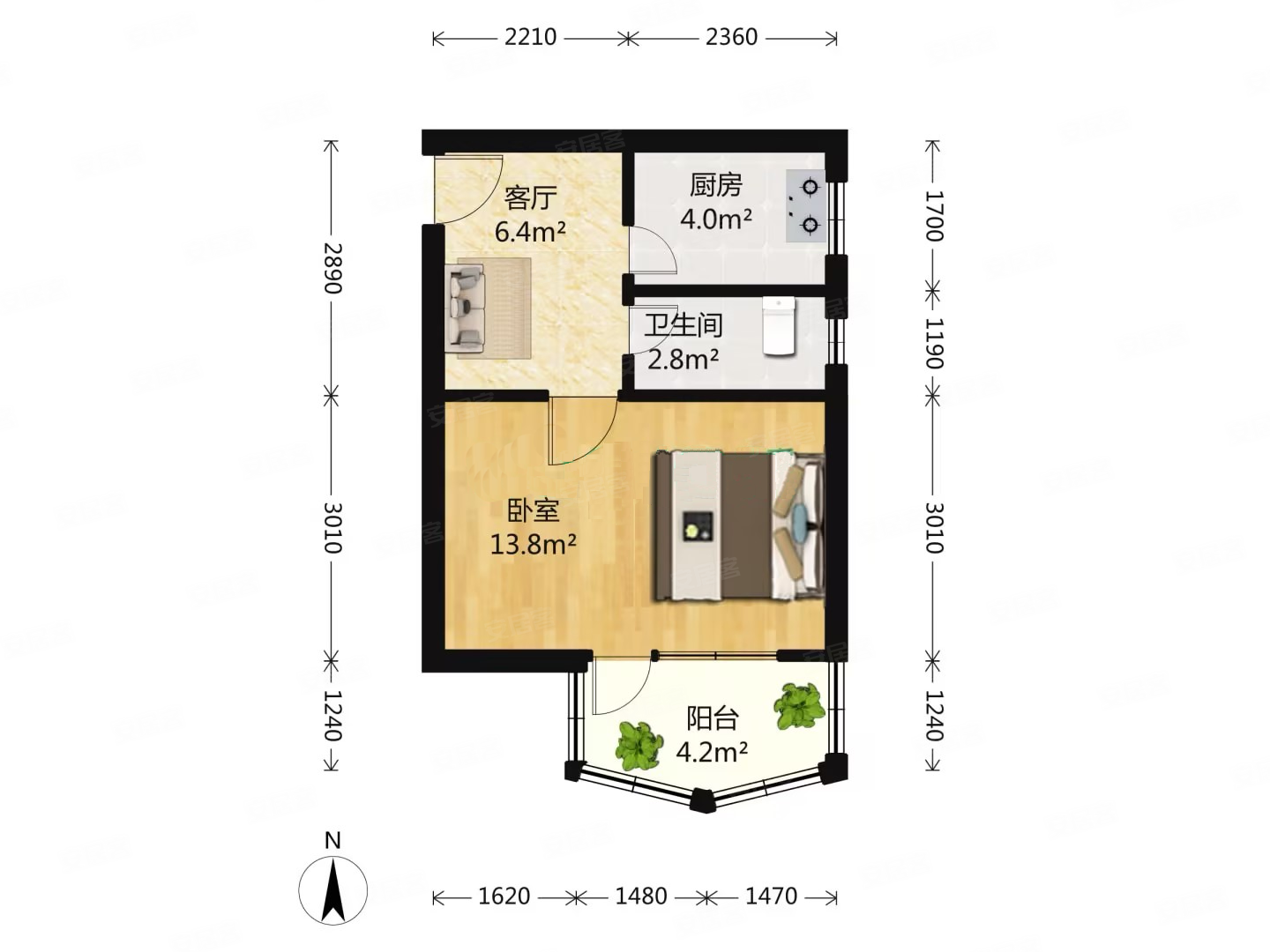 泉灵小区1室1厅1卫42.5㎡南北190万