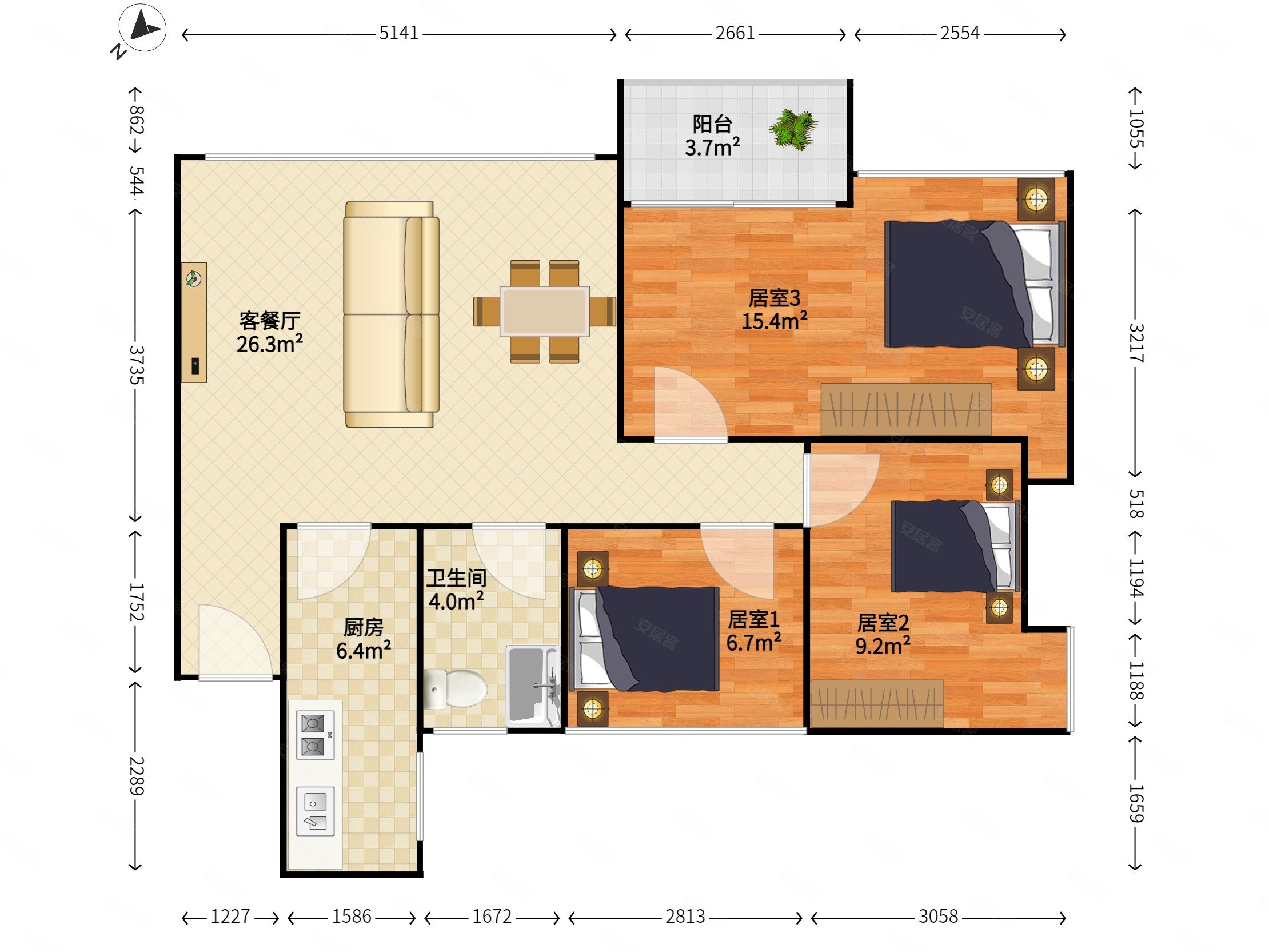 豪方天际3室2厅1卫85.6㎡东南780万