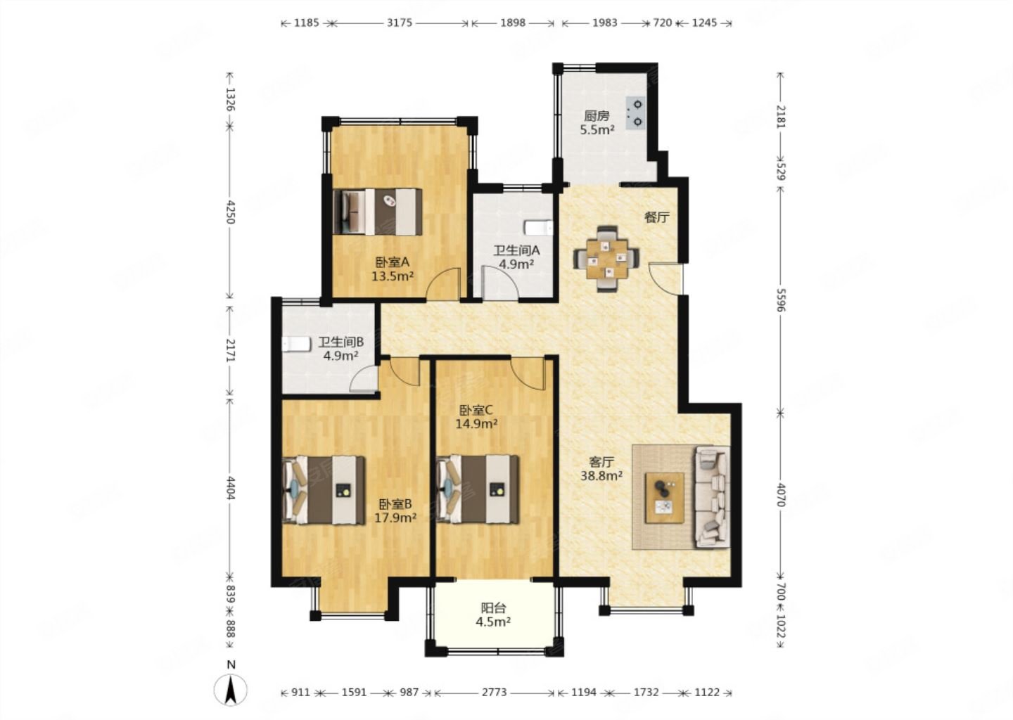 宁馨苑小区3室2厅2卫136㎡南北117万