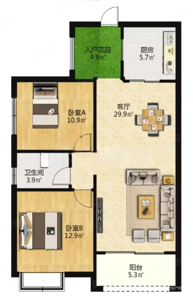 鸿潮宝来华府2室2厅1卫88㎡南北50.6万