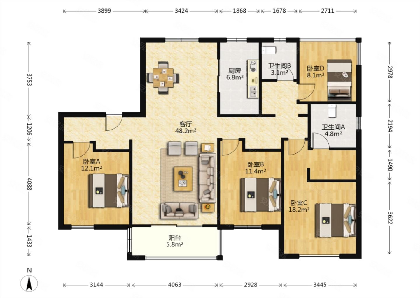 万科大都会4室2厅2卫141.64㎡南北690万