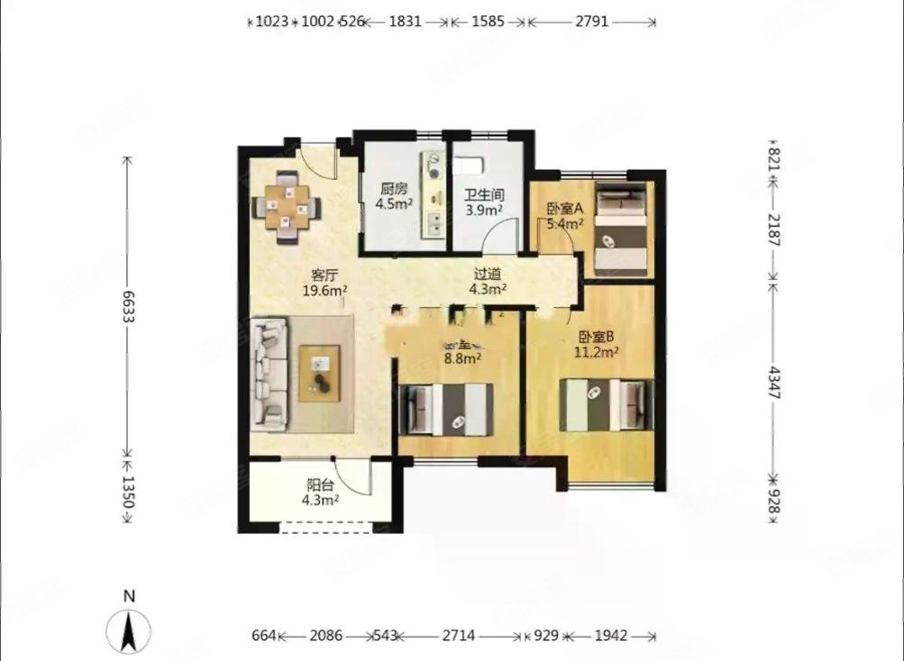 中梁首府壹号3室2厅1卫91.52㎡南北57.9万
