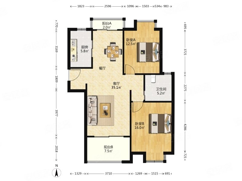 盛源家豪城2室2厅2卫107㎡南北1078万