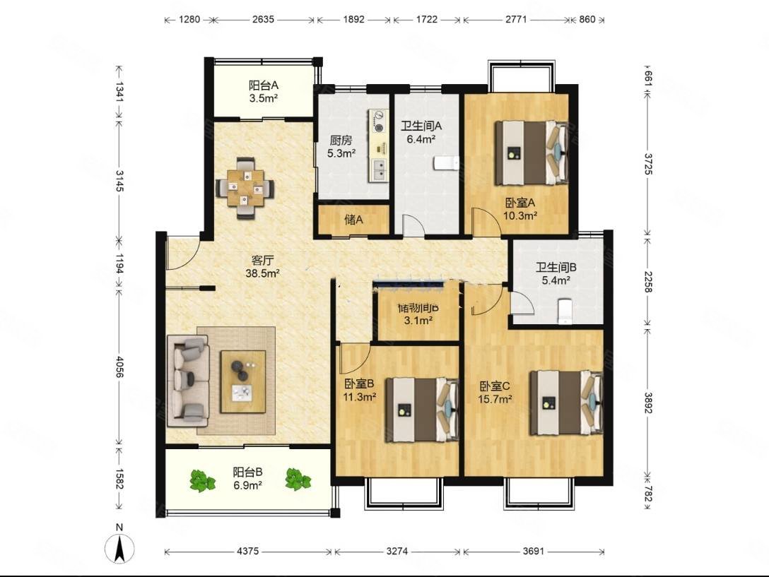 华源上海城3室2厅2卫127.51㎡南北165万