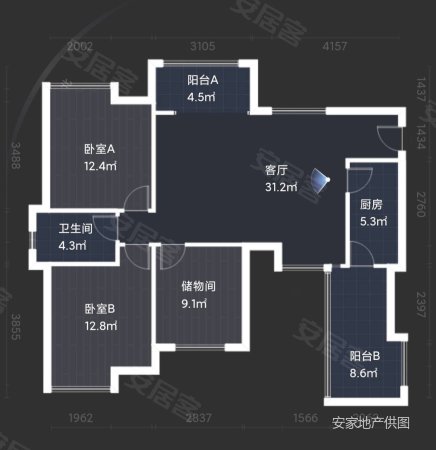 香江华府3室2厅1卫92㎡北83.8万