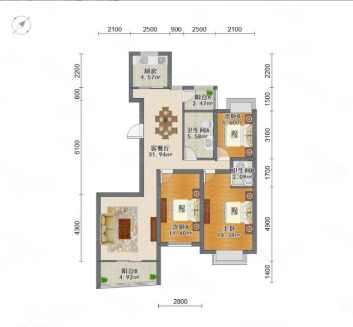 九亭丽景苑3室2厅2卫128.94㎡南北595万