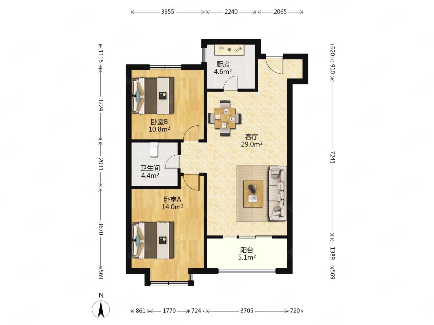 电梯房南北通透满二85平凤凰城2室2厅楼层好视