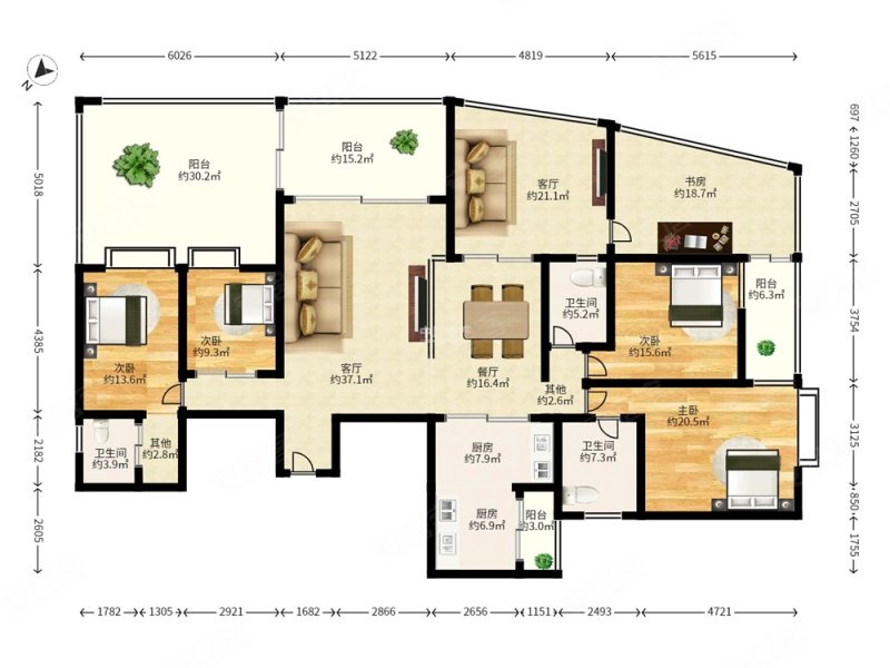 公园大地 五房三卫 南北通透 豪华装修 三个大阳台