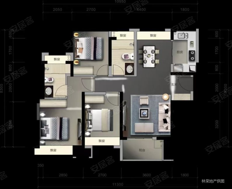 金悦华府三期3房2厅,93平米售价100万元