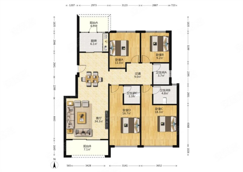 蓝光公园华府三期4室2厅2卫141㎡南北165万