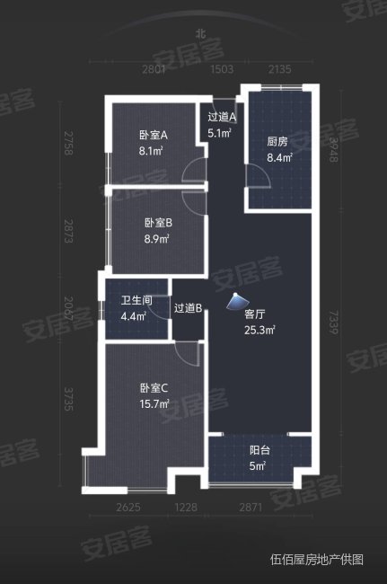 万达华府D区3室2厅1卫99.27㎡南北74.8万