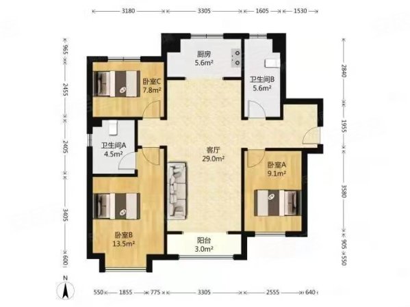 碧水云天3室2厅1卫110㎡南北55.8万