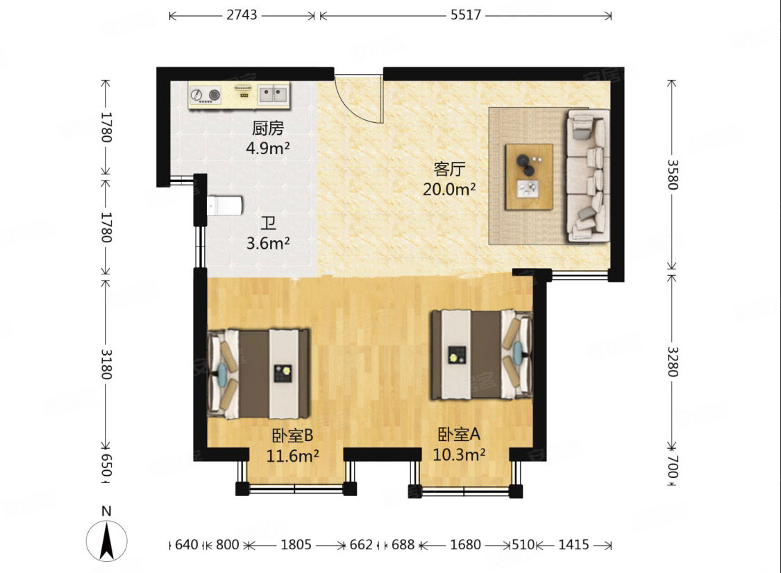 西子花园2室2厅1卫76㎡南北140万