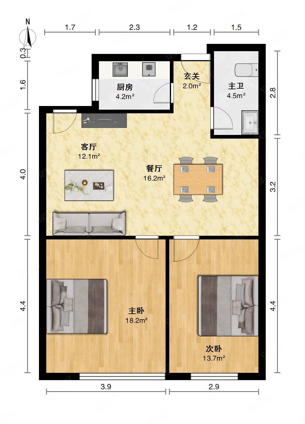 达观国际2室2厅1卫76.52㎡南北110万