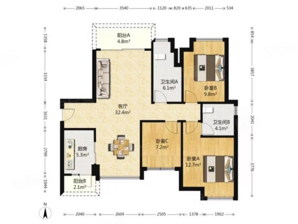 保利西雅图3室2厅2卫95.72㎡南北170万