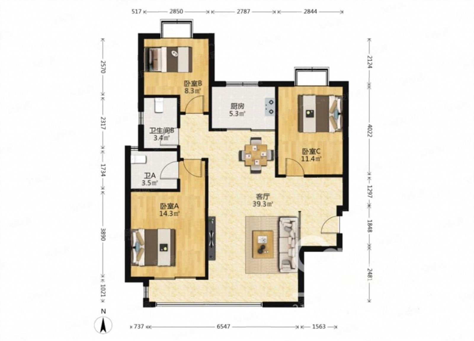 龙溪城3室2厅2卫116.77㎡南北136万