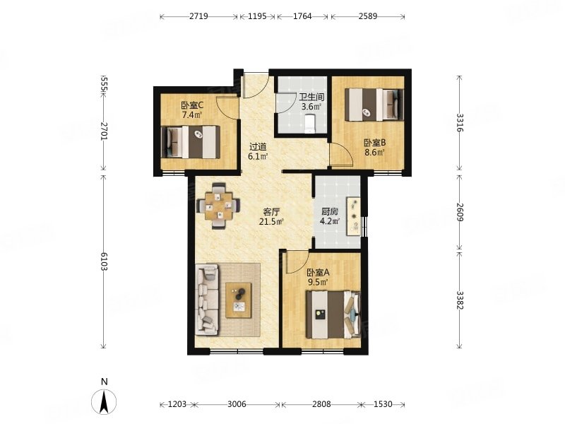 金科嘉苑(公寓住宅)3室1厅1卫89.35㎡南279万