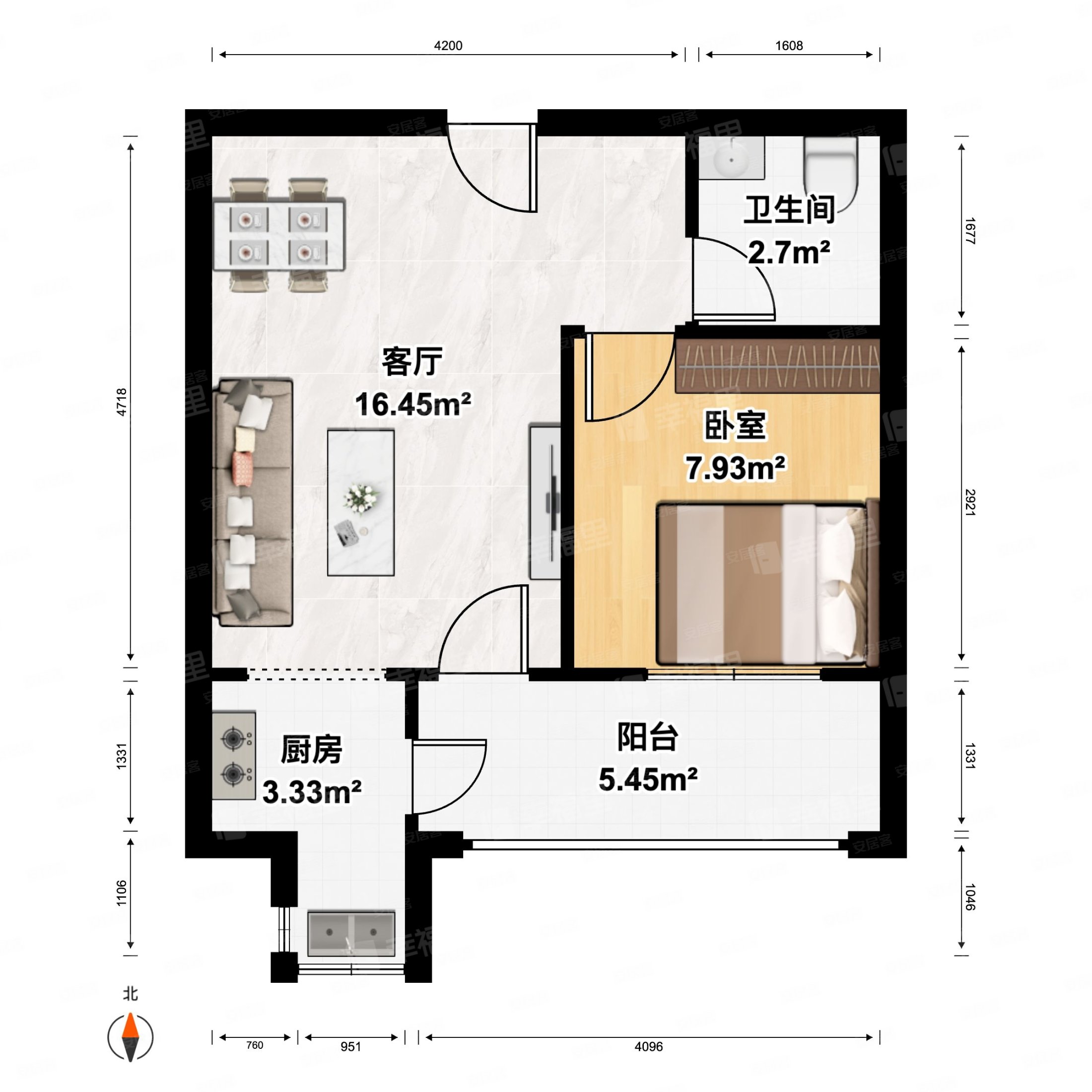 闽江世纪城a区1室1厅1卫51.87㎡南北110万