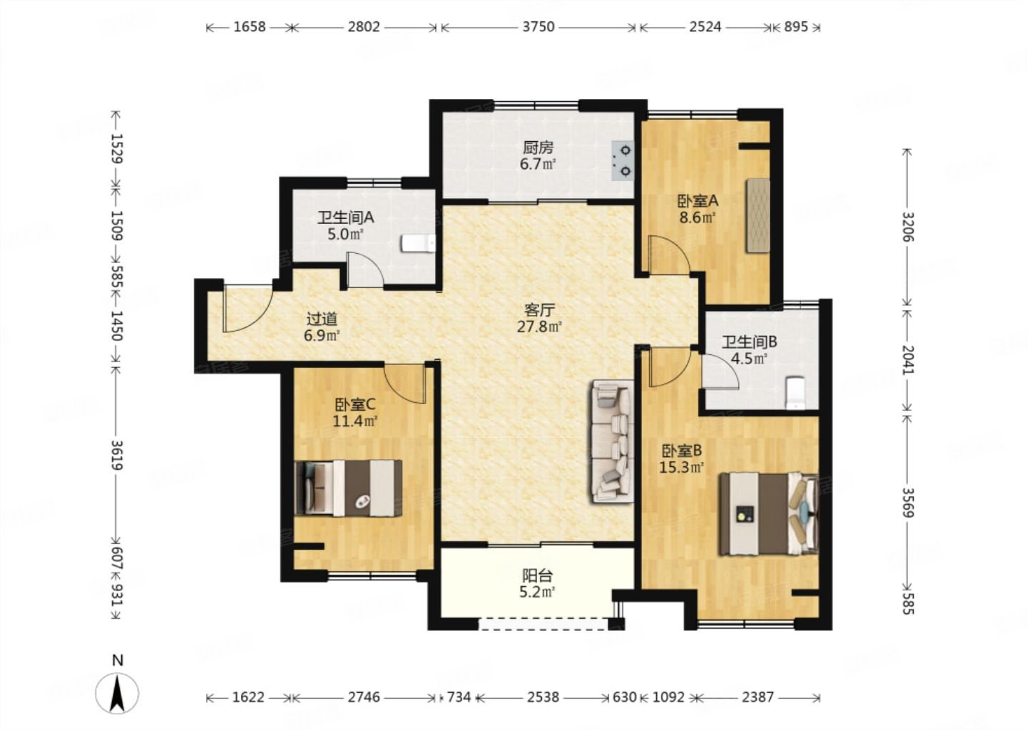 新淮海路三环内万科产品飞机户型三室拎包入住