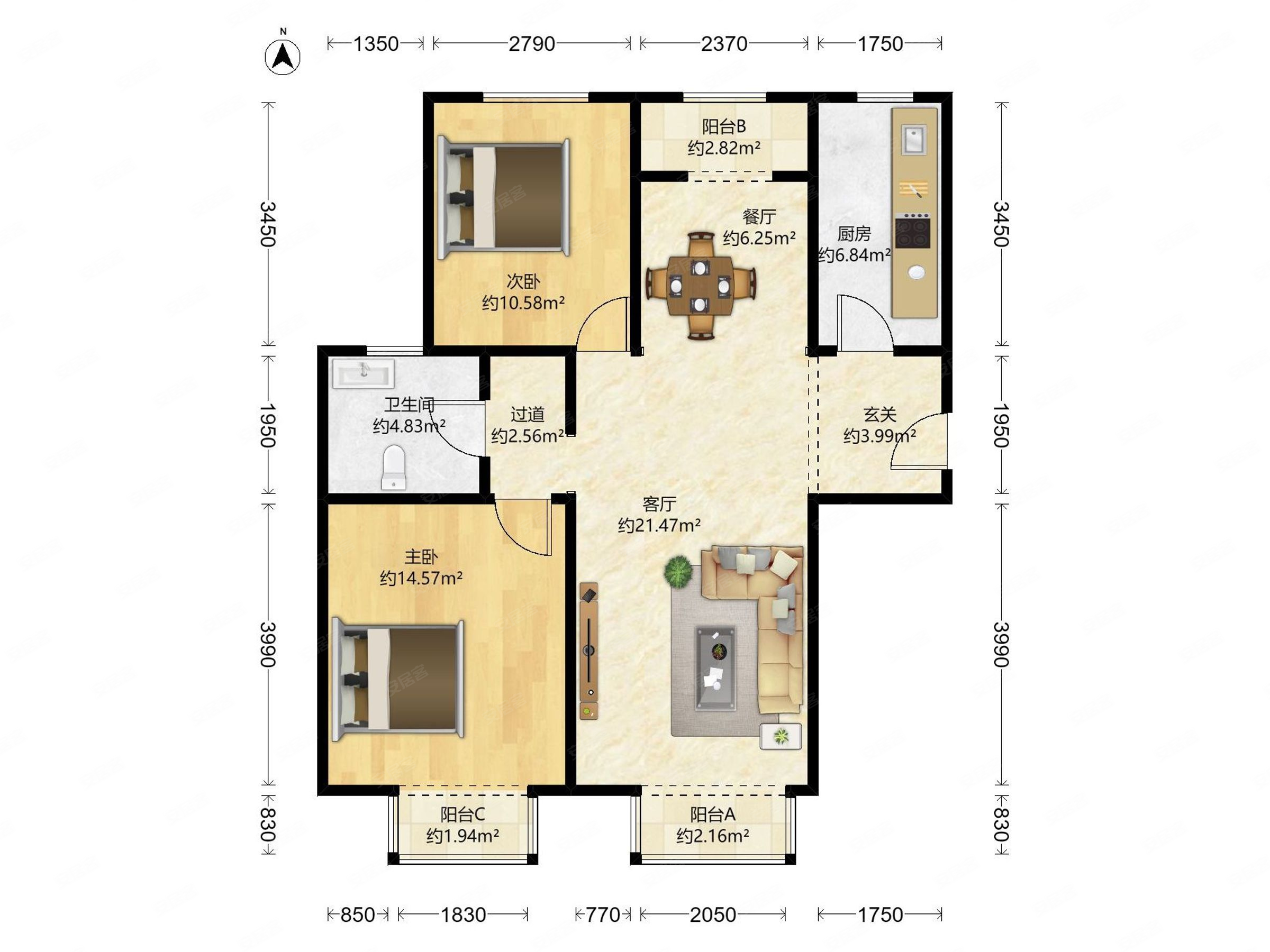 东亚马赛公馆2室2厅1卫95.05㎡南北485万