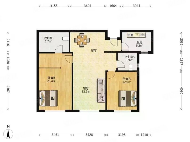 仁恒公园世纪2室2厅2卫113.99㎡南北310万