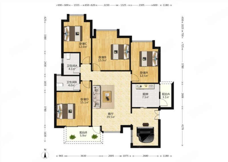 南城都汇汇雅园4室2厅2卫128㎡南350万