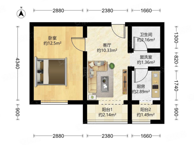 蓝桥驿苑1室1厅1卫55.56㎡南123万