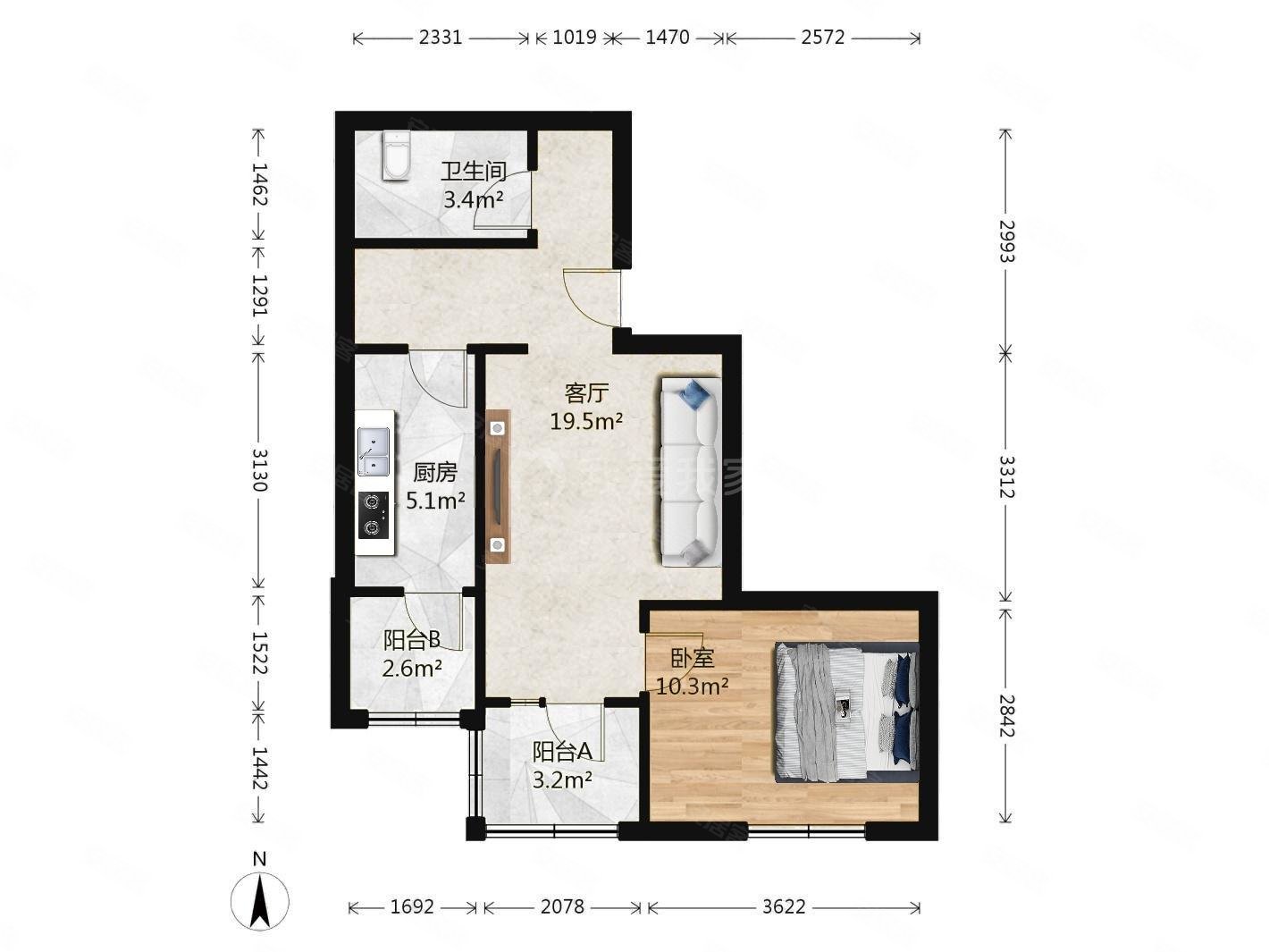 京通苑阳光华苑1室1厅1卫53.46㎡南298万