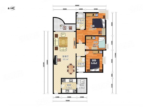 光大花园 3室2厅2卫 6300元月 配套齐全 电梯房