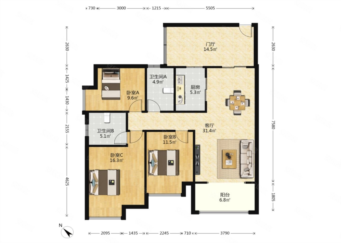 海骏达蜀都1号三期3室2厅南