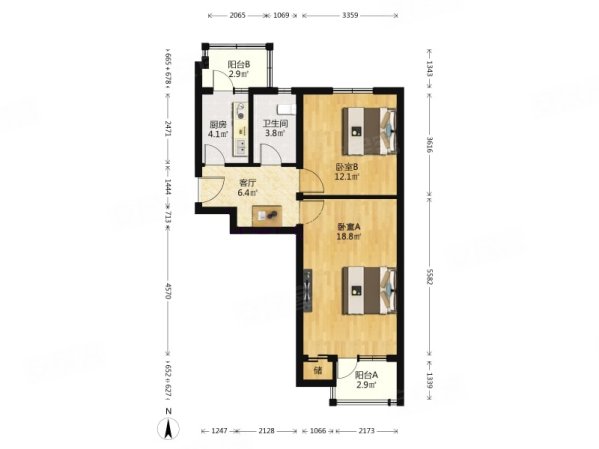 花园村社区2室1厅1卫65.98㎡南北595万