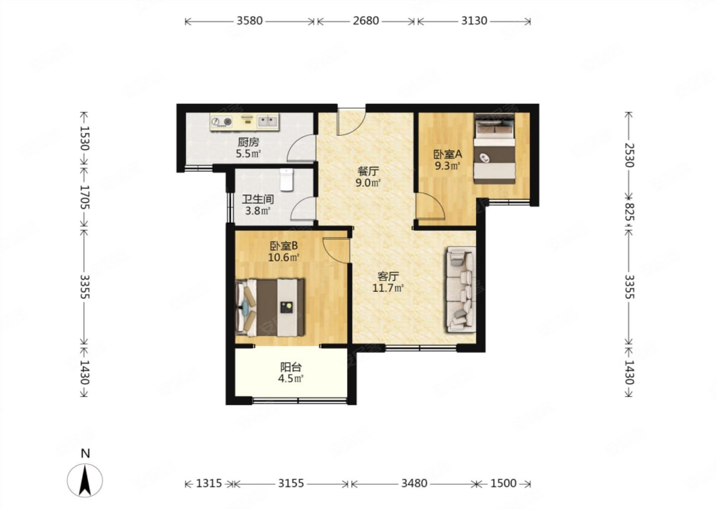 业主急售荣盛城一期经典两室户型方正