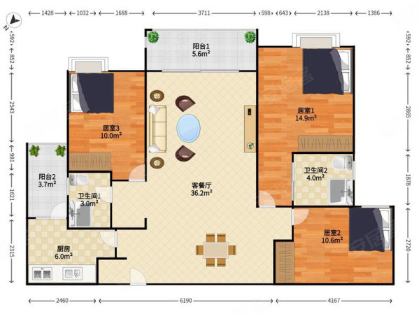 万城3室2厅2卫120.68㎡南北91.6万