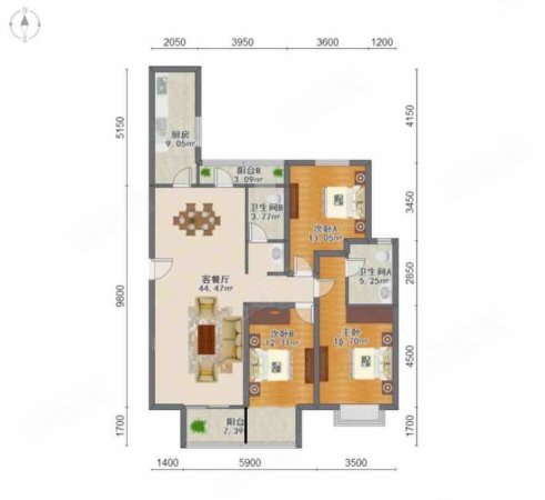 世茂五里河3室2厅2卫168㎡南北154万