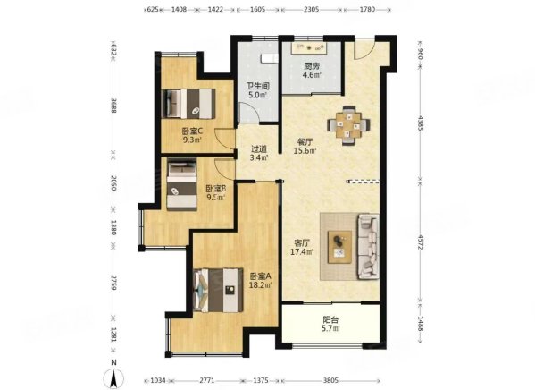 金泰华府(北区)3室2厅1卫117.61㎡南北145万