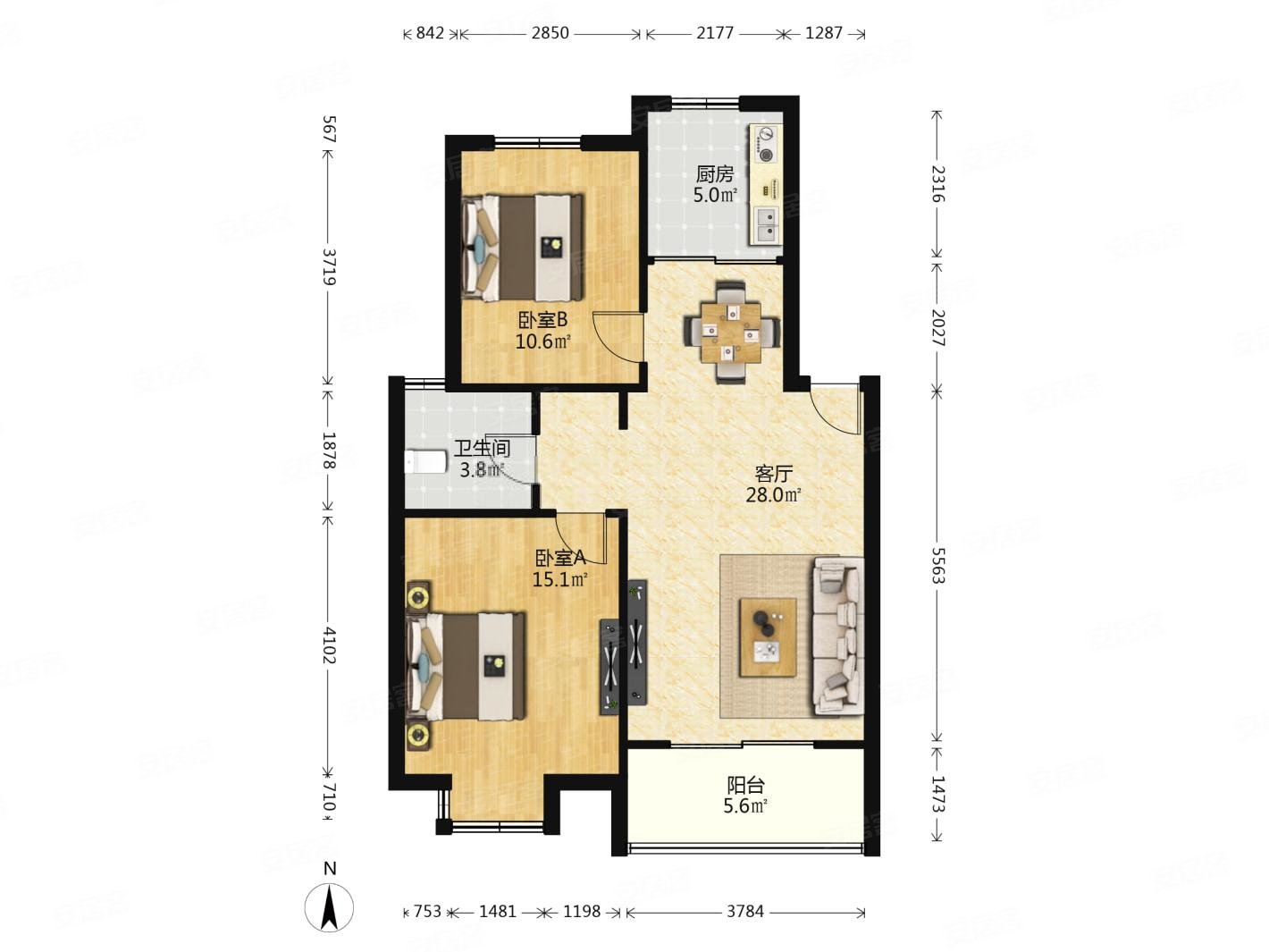 竹山路地铁口武夷绿洲精装修两房南北通透大客厅