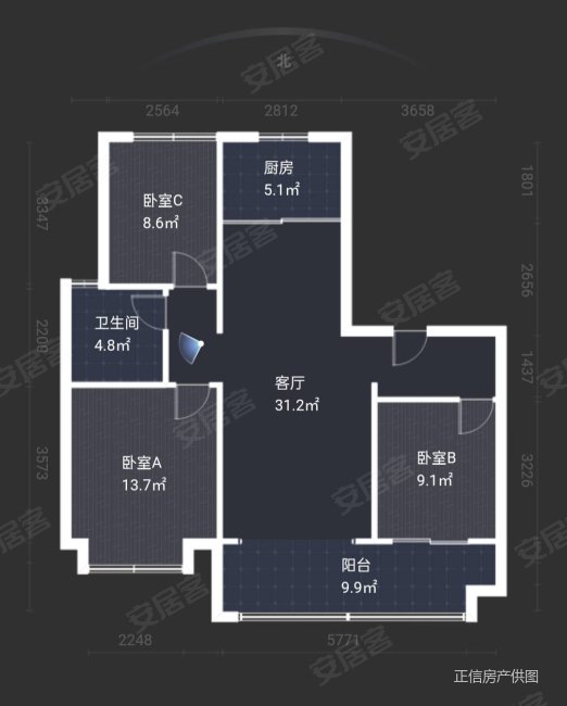 斌锋玖悦府3室2厅1卫109㎡南北105.6万