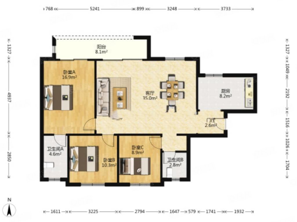 金科世界城3室2厅2卫128.92㎡南北120万